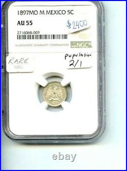 1897 MO M Mexico NGC AU55 (PATTERN)! 5 Centavos -Very Rare Coin