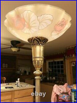 1920s 1930 antique floor lamp GILL GLASS flowered shade VERY RARE