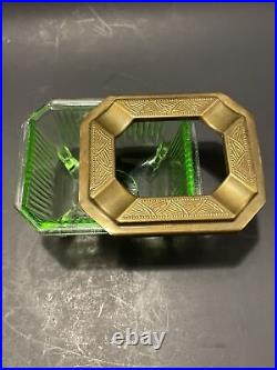 1930's Chase Brass and Co Green Vaseline Glass Brass Slide Top Ashtray Very Rare