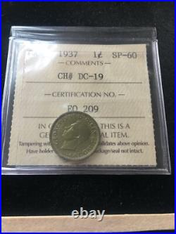 1937 CH# DC-19 (VERY RARE BRASS) ICCS Graded Canadian, Small One Cent SP-60