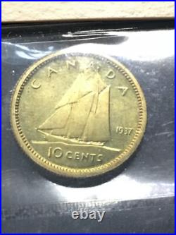 1937 CH# DC-21 (VERY RARE BRASS) ICCS Graded Canadian, Ten ¢10 Cent SP-66