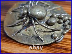 1970s C Tasha Black Widow Belt Buckle On Leaf with Eggs Solid Brass Very Rare