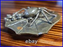 1970s C Tasha Black Widow Belt Buckle On Leaf with Eggs Solid Brass Very Rare