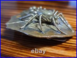 1970s C Tasha Black Widow Belt Buckle On Leaf with Eggs Solid Brass Very Rare