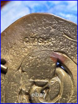 1970s C Tasha Black Widow Belt Buckle On Leaf with Eggs Solid Brass Very Rare