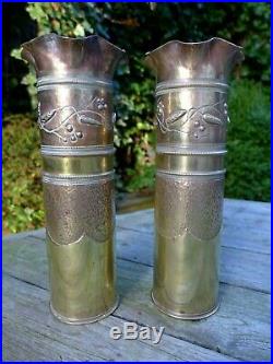 1WW Pair Trench Art Brass Vase Design 17' and 16' Hobby Very Rare Collector WW1