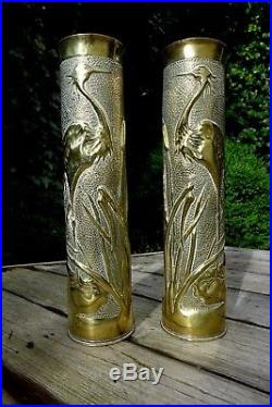 1WW Pair Trench Art Brass Vase With Heron Design 1916 Hobby Very Rare Collector