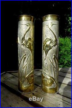1WW Pair Trench Art Brass Vase With Heron Design 1916 Hobby Very Rare Collector