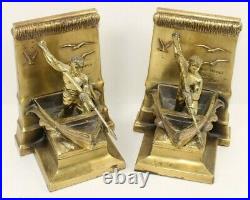 2 Brass Whaling Sculpture Bookends Whaleman Harpoon New Bedford Very Rare