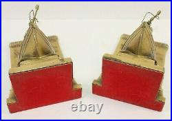 2 Brass Whaling Sculpture Bookends Whaleman Harpoon New Bedford Very Rare