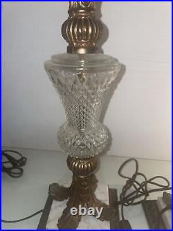 2 Vintage Very Rare Floral brass Design, Glass, Carrara marble base Table lamps