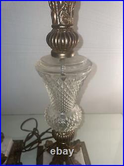 2 Vintage Very Rare Floral brass Design, Glass, Carrara marble base Table lamps
