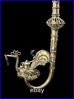 ANTIQUE ORIENTAL PIPE WITH PEACOCK MOTIF Brass 13.5 Very Ornate Rare