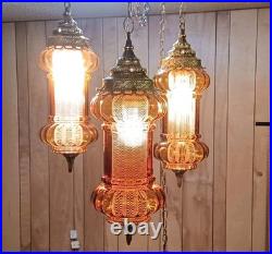 Amber & Brass Swag Lamp. Very Rare. 3 Pendants