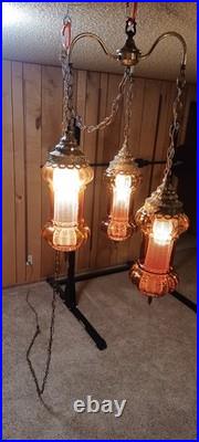Amber & Brass Swag Lamp. Very Rare. 3 Pendants