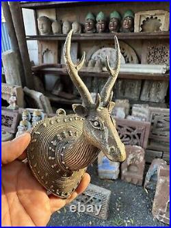 Ancient Old Brass Hand Carved Beautiful Very Rare Deer Head Hanger Wall Hanging