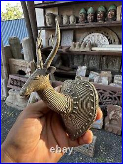 Ancient Old Brass Hand Carved Beautiful Very Rare Deer Head Hanger Wall Hanging