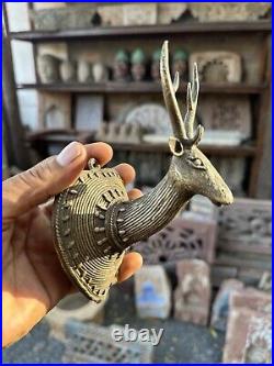 Ancient Old Brass Hand Carved Beautiful Very Rare Deer Head Hanger Wall Hanging