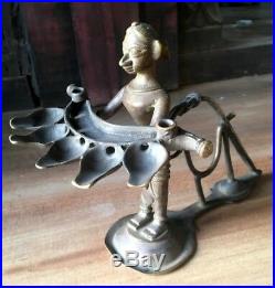 Ancient Old Brass Very Rare Woman Holding 5 Oil Lamp Deepak Jyoti Statue Hindu