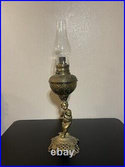 Antique 1800's Brass Hipwell Kerosene Oil lamp Cherubs Very Rare & Htf Exc