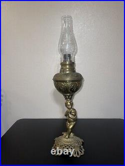 Antique 1800's Brass Hipwell Kerosene Oil lamp Cherubs Very Rare & Htf Exc