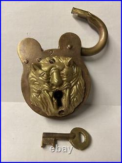 Antique Brass Lion Face Lock with Key PATENTED FEBY. 18.1896 VERY RARE
