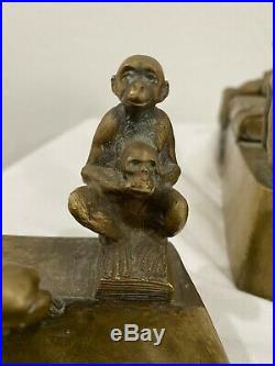 Antique Brass Skull Monkeys Memento Mori Inkwell Desk Set Very Rare