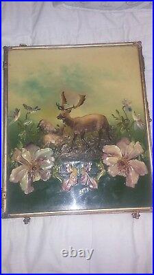 Antique Brass Tri-fold Mirror Very Rare Embossed Elk / Red Stag Scenery