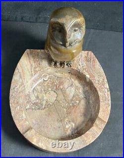 Antique Bronze / Brass Owl Ashtray Granite / Marble Base Very Detailed Rare Find