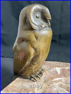 Antique Bronze / Brass Owl Ashtray Granite / Marble Base Very Detailed Rare Find