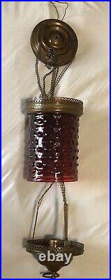 Antique CRANBERRY Glass & Brass Hanging Oil Lamp Large, Rare & Very Nice