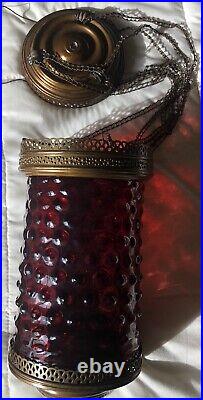 Antique CRANBERRY Glass & Brass Hanging Oil Lamp Large, Rare & Very Nice