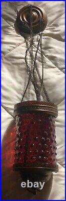 Antique CRANBERRY Glass & Brass Hanging Oil Lamp Large, Rare & Very Nice