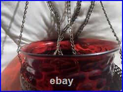 Antique CRANBERRY Glass & Brass Hanging Oil Lamp Large, Rare & Very Nice