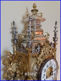 Antique FRENCH Gothic Style Silver/Gilded Brass CLOCK by CCH 1880 VERY RARE
