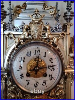 Antique FRENCH Gothic Style Silver/Gilded Brass CLOCK by CCH 1880 VERY RARE