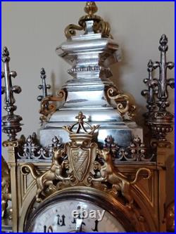 Antique FRENCH Gothic Style Silver/Gilded Brass CLOCK by CCH 1880 VERY RARE