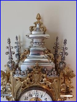 Antique FRENCH Gothic Style Silver/Gilded Brass CLOCK by CCH 1880 VERY RARE