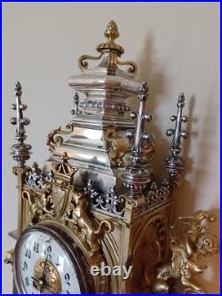 Antique FRENCH Gothic Style Silver/Gilded Brass CLOCK by CCH 1880 VERY RARE