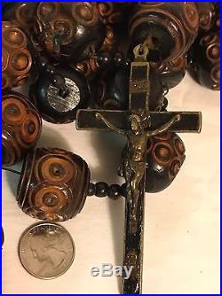 Antique French Cathedral XXL Wood Beads & Brass Crucifix Rosaryvery Rare