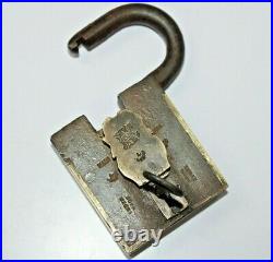 Antique Iron/Brass Very Rare Shape Padlock With Key Huge, Heavy& Solid