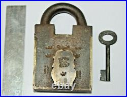 Antique Iron/Brass Very Rare Shape Padlock With Key Huge, Heavy& Solid