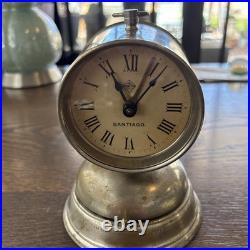 Antique Santiago Brass Desk Clock Mechanical- Alarm Bell Base- Works! Very Rare