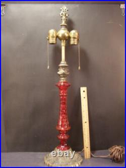 Antique VERY RARE HA Best RED Cut Glass Bronze Gilt Table Lamp Light Fixture WOW
