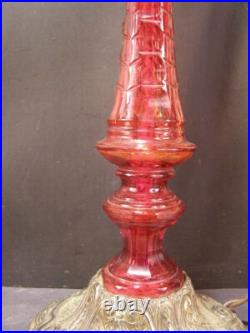 Antique VERY RARE HA Best RED Cut Glass Bronze Gilt Table Lamp Light Fixture WOW