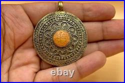 Antique Very Beautiful Rare Afghani Brass Pendent With Coral Stone