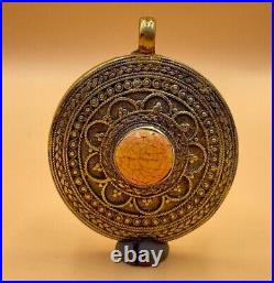 Antique Very Beautiful Rare Afghani Brass Pendent With Coral Stone