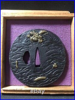 Antique Very Rare Cloud Dragon Brass Inlay Tsuba Sword katana Guard from Japan