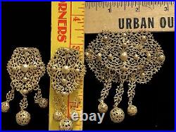 Antique Very Rare Set Brooch & 2 Dress Clips- Gilded Brass Gold Washed Filigree