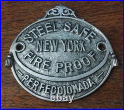 Antique Very Rare Solid Plaque Steel Safe New York Fire Proof Perfeccionada Sign